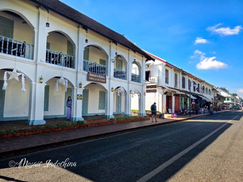 Luang Prabang is a hill station town with French colonial buildings, which have mixed French and Lao architectural heritage.