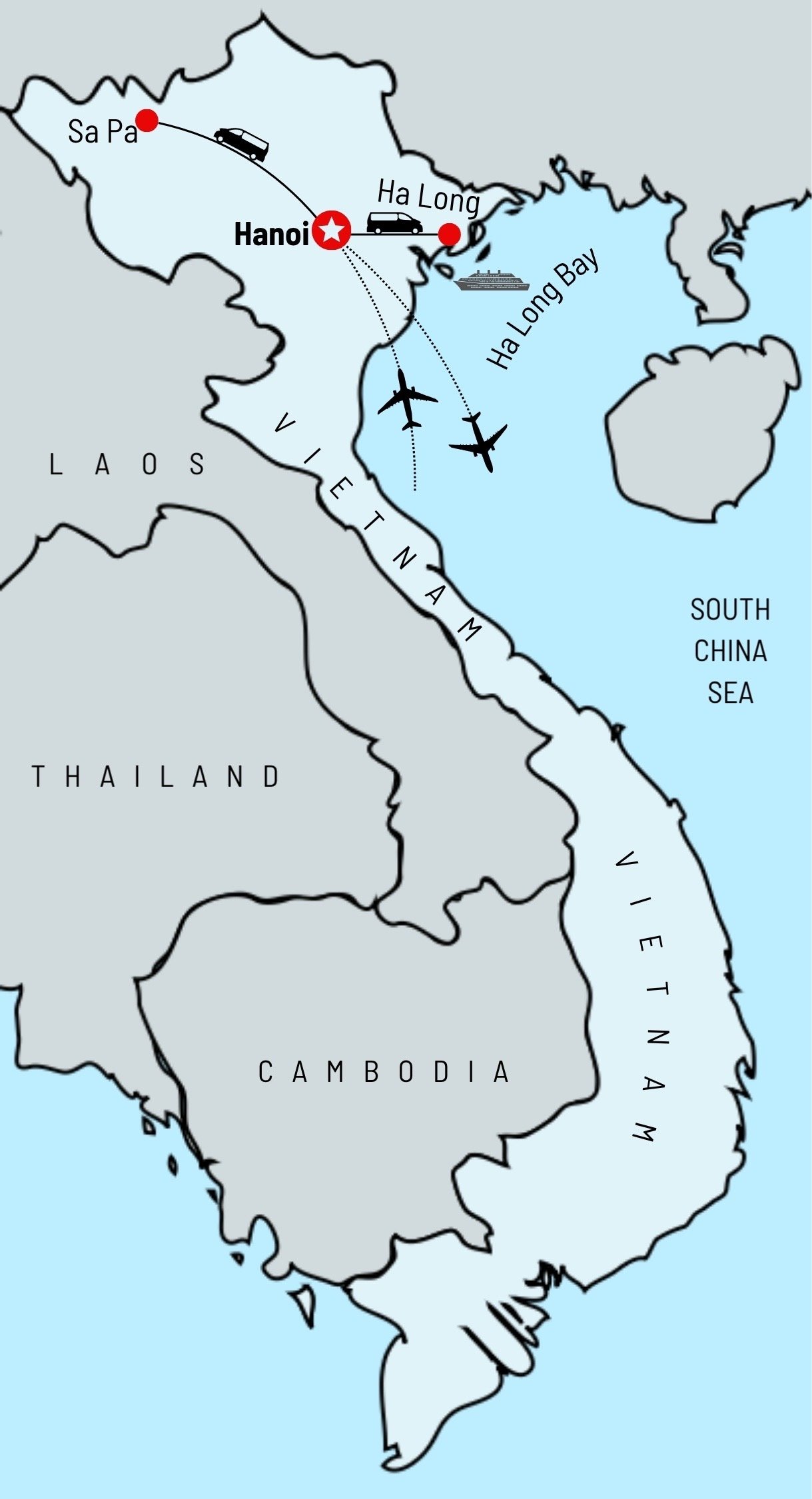 Northern Vietnam travel map – 6-day guided tour through Hanoi, Sa Pa, and Ha Long Bay, ideal for Vietnam holiday packages