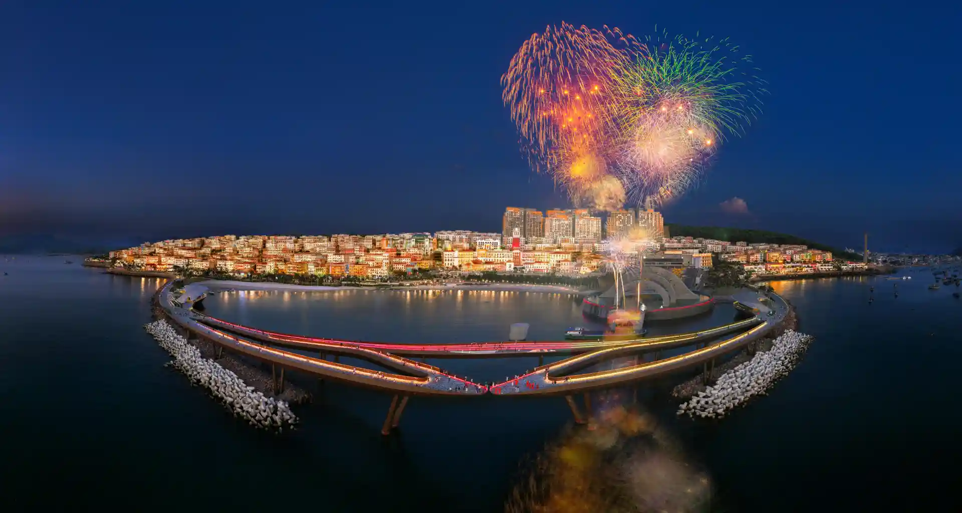 Nightly firework shows near Kiss Bridge in Sunset Town in Phu Quoc